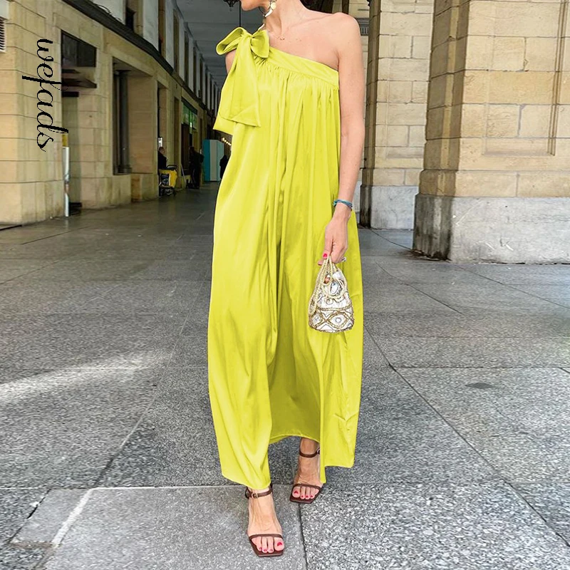

Wefads Women Dress Lace-Up Loose Solid Color One-Shoulder Casual Style Long Dresses High Streetwear
