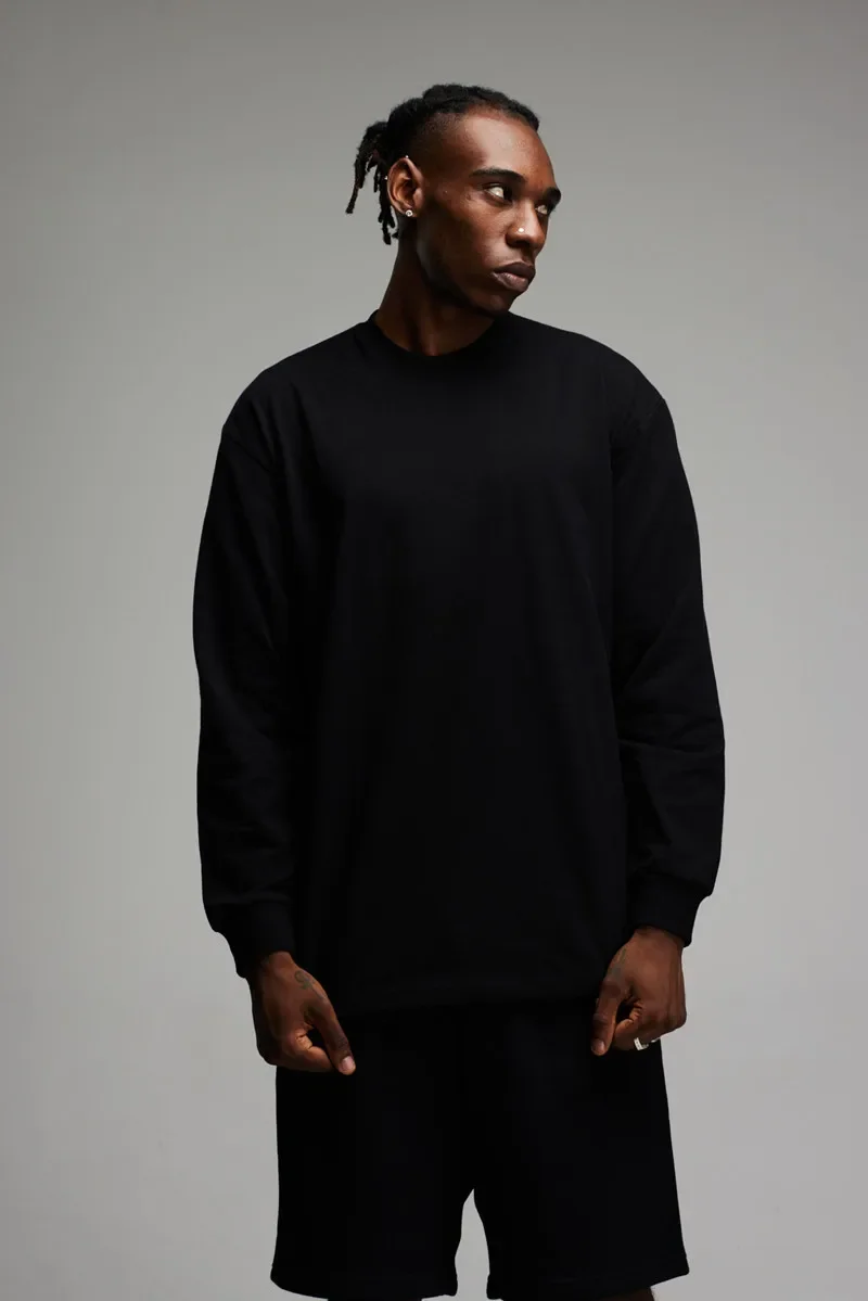 American Pure Cotton Solid Color Mens T-shirt Trend Loose Neckline with Double Gauze Material Base Long Sleeves Men Clothing