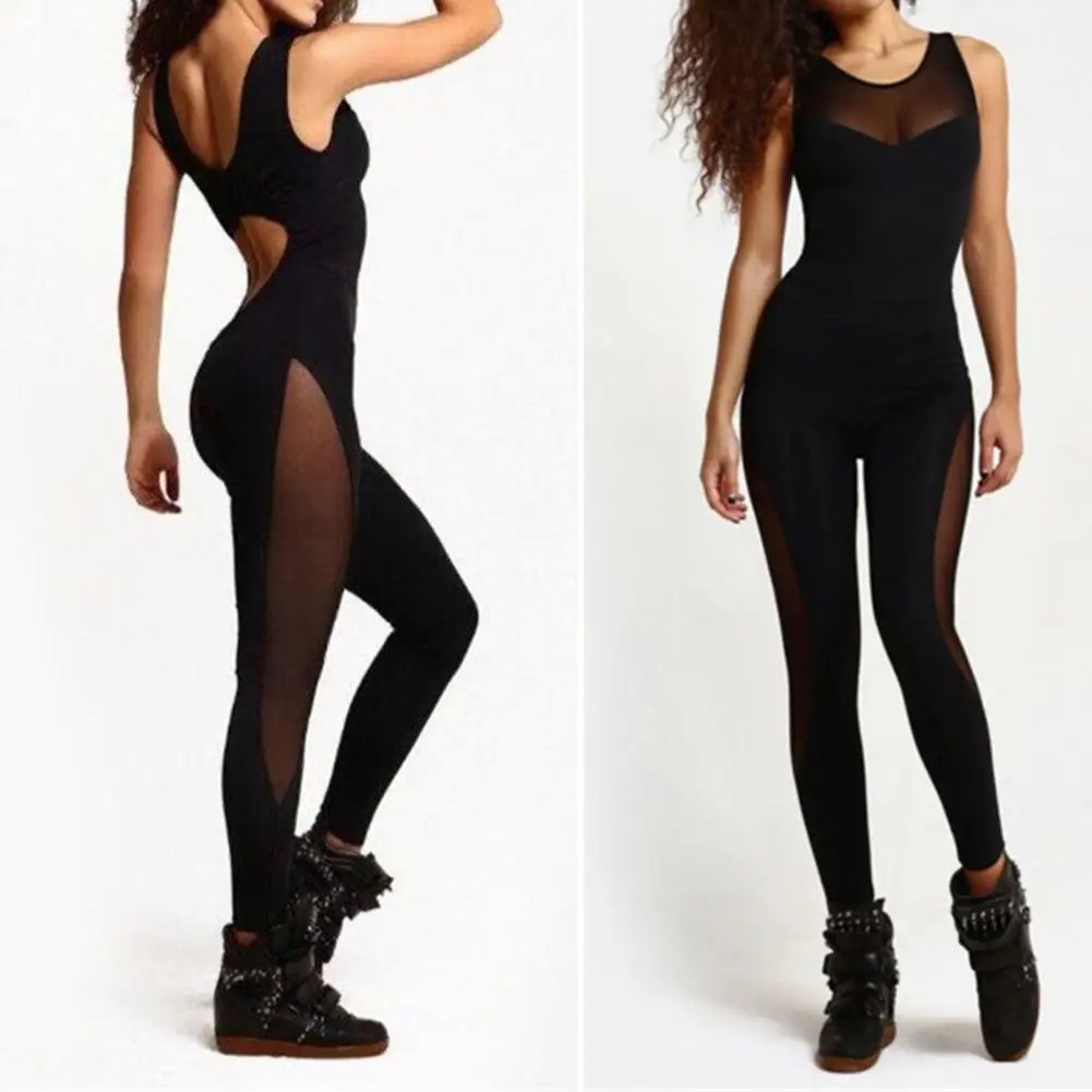 

Women Sportswear Mesh Patchwork Sexy Hollow Out See Through Jumpsuit for Gym