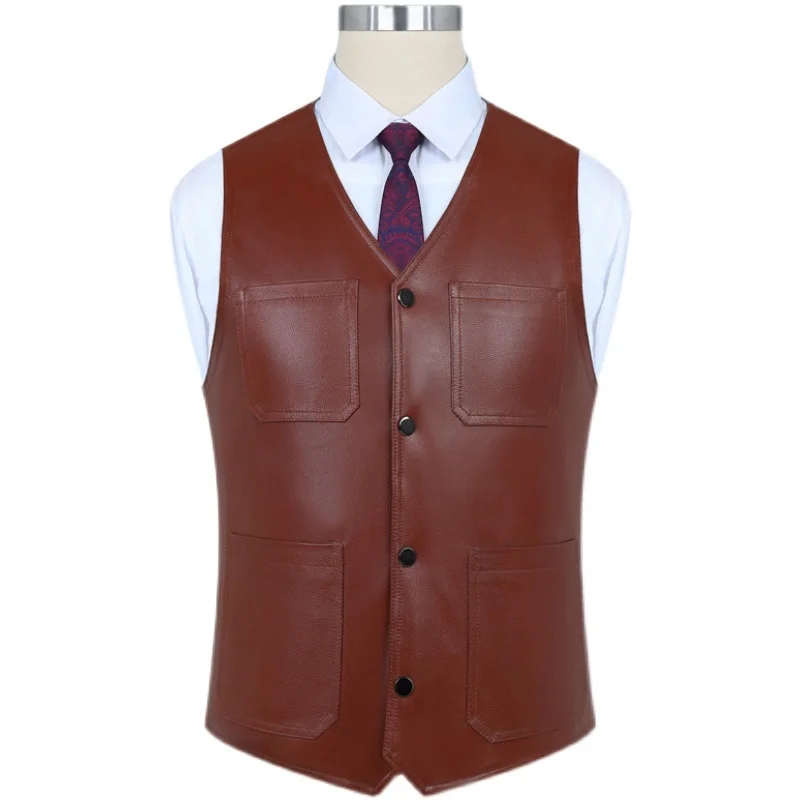 

Men Genuine Vest Gentleman Business Casual Slim Real Leather Waistcoat Cowhide Multi Pocket Sleeveless Jacket