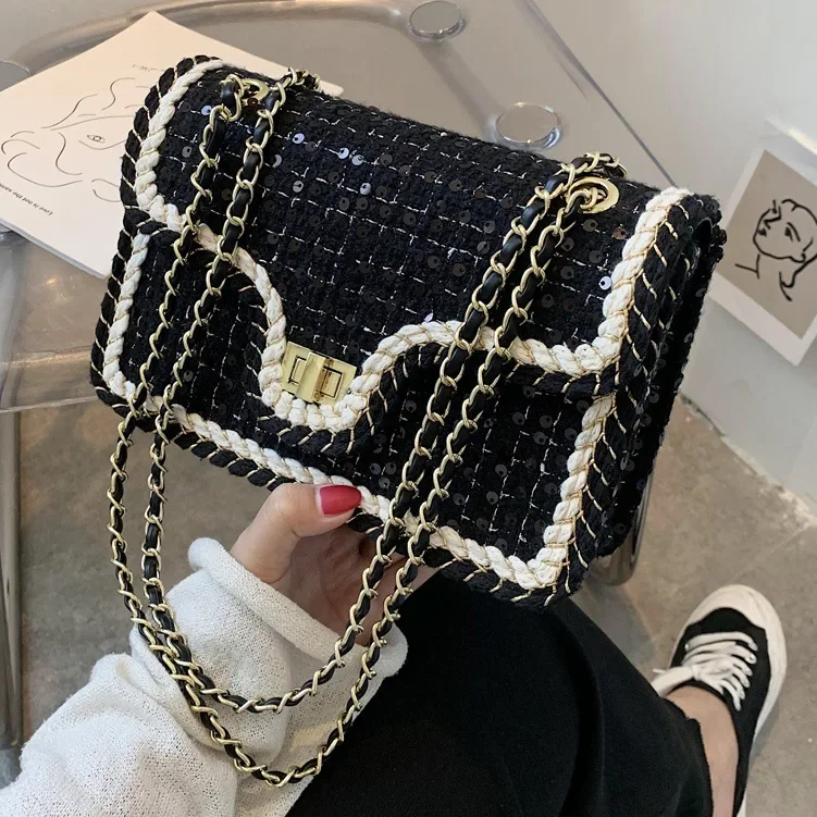 

Luxury Chains Shoulder Handbags and Purses for Women Black Messenger Bag 2022 Trend Plaid Woolen Flap Lock Crossbody Sling Bags