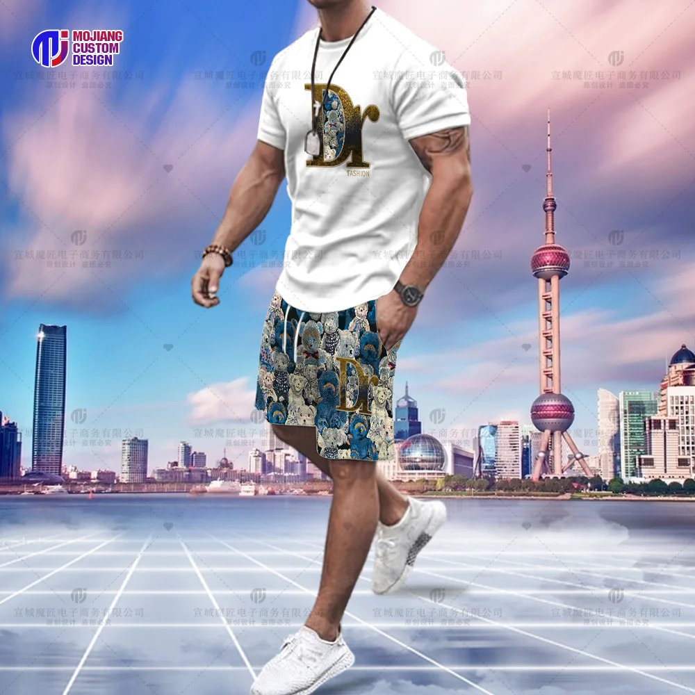 Short-Sleeved Suit Men's Top Trend Slim Simple Letter Casual Half-Sleeved T-Shirt Summer Round Neck Bear Pattern Shorts Clothing