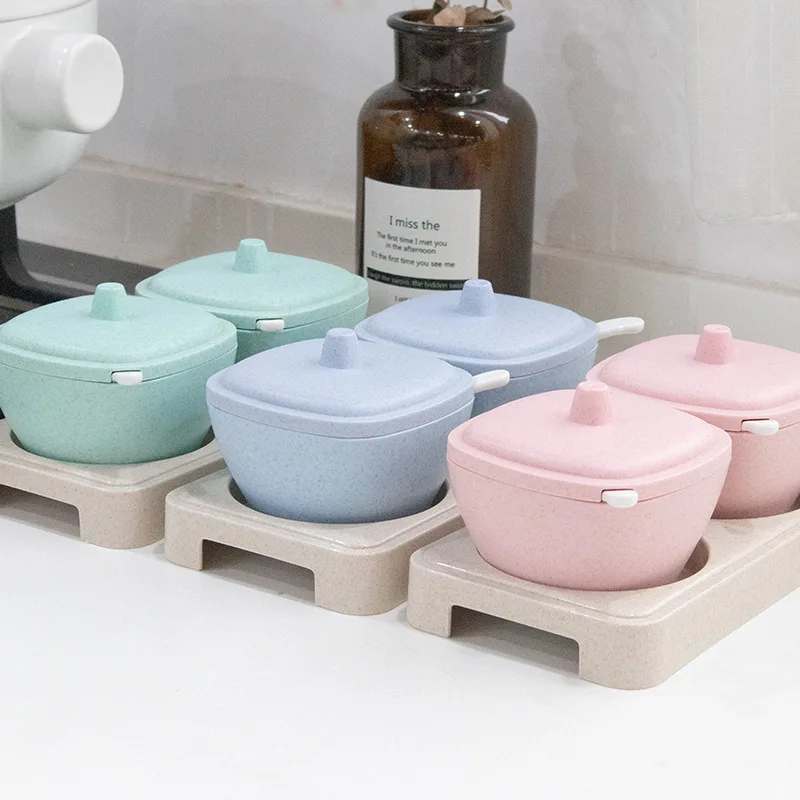 

Wheat Straw Seasoning Box Plastic Spice Jar Kitchen Salt Condiment Cruet Storage Box Containers