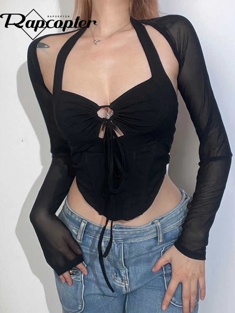 

Rapcopter Black Two Pieces Crop Top Korean Hollow Out Shirring Halter Top And Full Sleeve Tee Summer Spring Outfits Women Chic