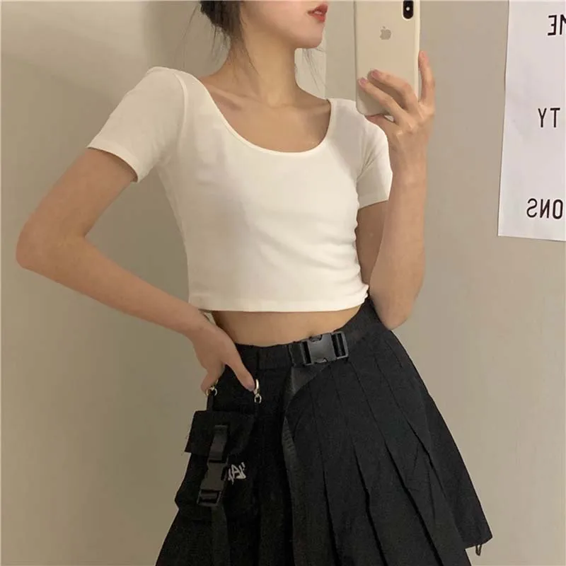 

Hot Girls U-neck T-shirts Summer Solid Tee Short Sleeve Crop Top Sexy Slim T-shirts Top Women Short Tees
