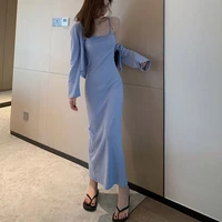 sexy temperament suspender dress goddess style waist slim long skirt long sleeve thin style autumn foreign style two piece set f