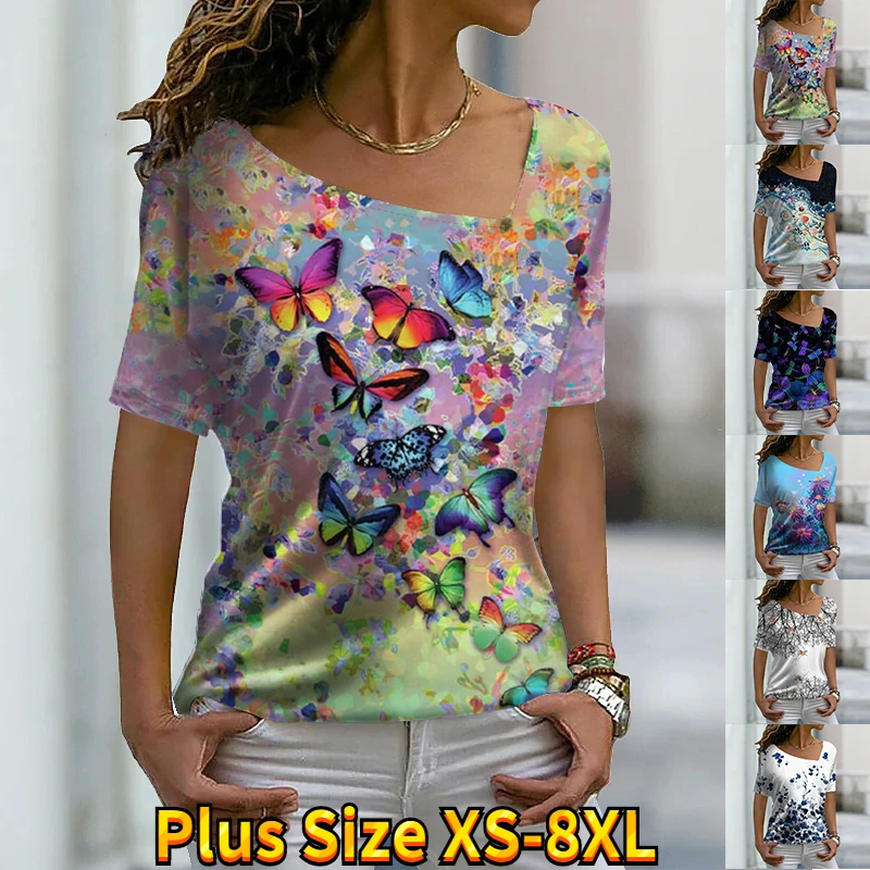 

Women's Fashion New Butterfly Floral Print Theme T Shirt V Neck Basic Shirt Plus Size Shirt Top Summer XS-8XL/3D Print