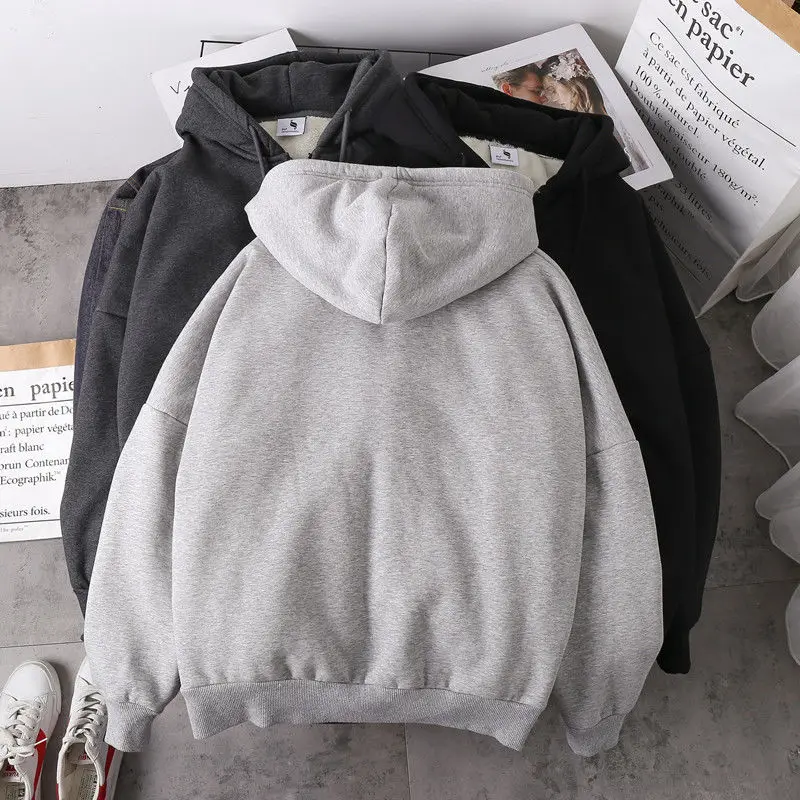 

Women Solid Hoodies Coat Autumn Winter Lamb Wool Fleece Loose Plus Sizes Thick Zipper Female Sweatshirt Grey Black Warm Jacket