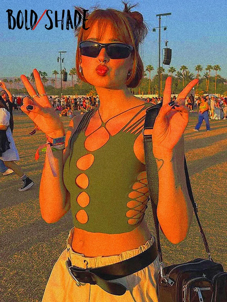 

Bold Shade 90s Vintage Streetwear Green Tanks Grunge Aesthetics Criss-Cross Trim Cut Out Sleeveless Vest Women Crop Tops Indie
