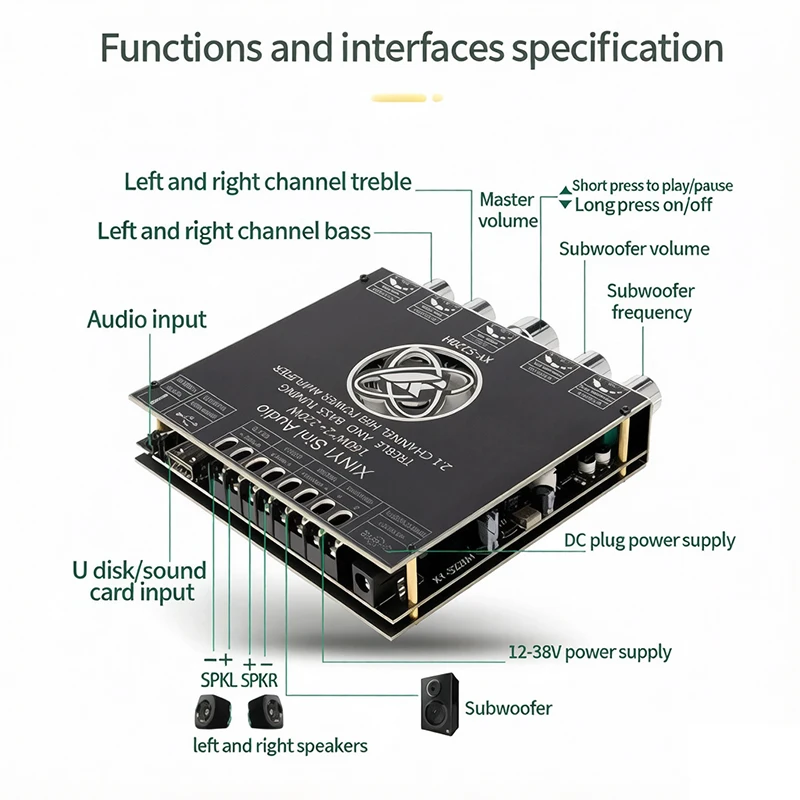 Фото XY‑S220H 2.1-канальный аудиоусилитель с Bluetooth 5.1, мощностью 160 Вт*2+220 Вт, чип TDA7498E, модуль усилителя для сабвуфера HIFI. №5