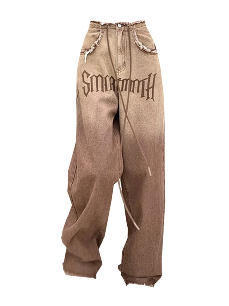 

Женские джинсовые брюки в американском ретро-стиле с градиентным дизайном, новинка 2023, прямые джинсовые брюки с бахромой и надписью, уличная одежда