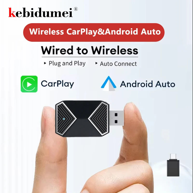 Kebidumei 2 в 1 беспроводной адаптер CarPlay и Android Auto Smart AI Box Plug and Play для Volkswagen Toyota Peugeot Volvo