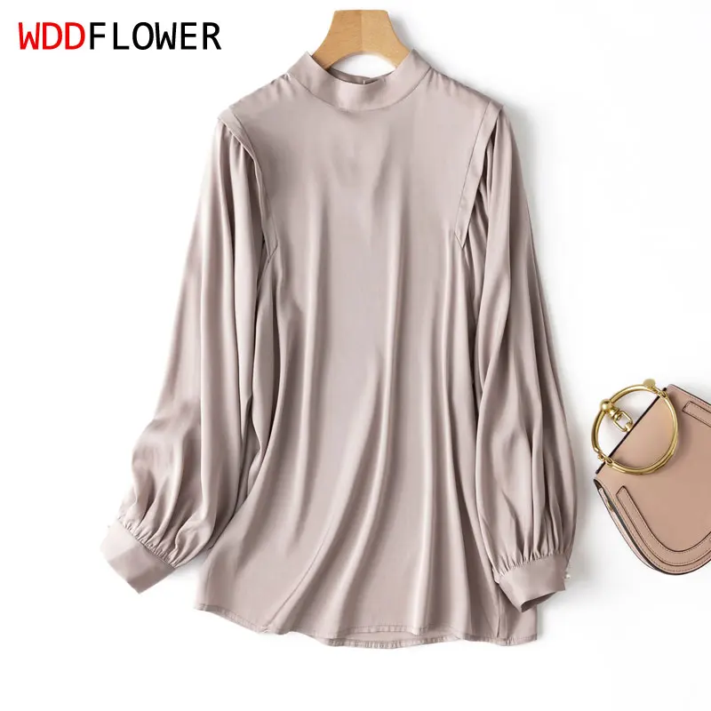 Women 93% Mulberry Silk  7% Spandex 19 momme Heavy Silk Gray Stand Neck Puff long sleeve shirt Top Blouse office work MM214