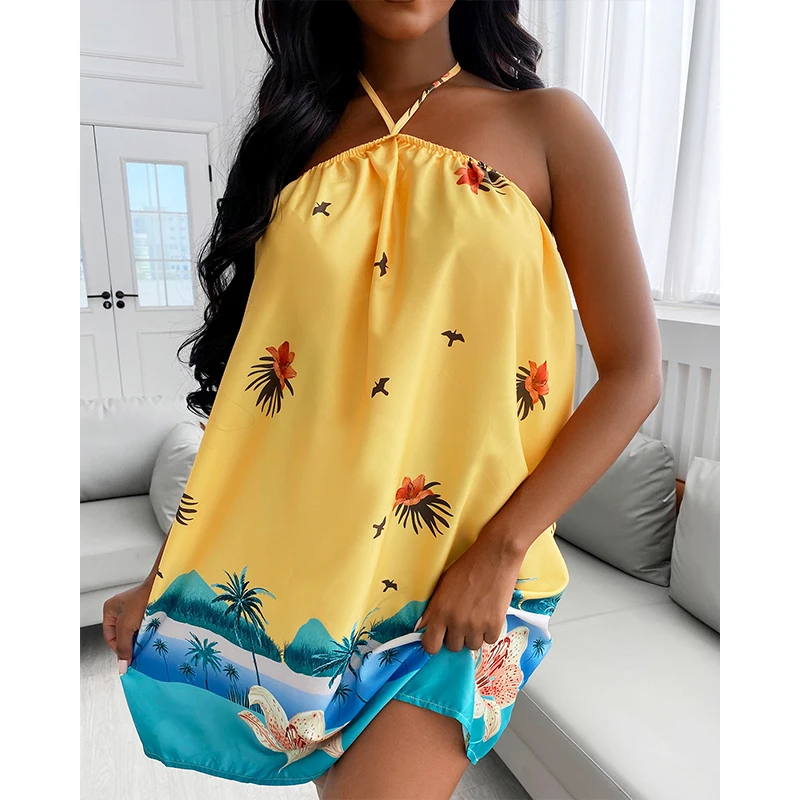 

Summer Women Casual Going Out Tied Detail Vacation Wear Straight Mini Dress Sleeveless Tropical Print Halter Backless Dress