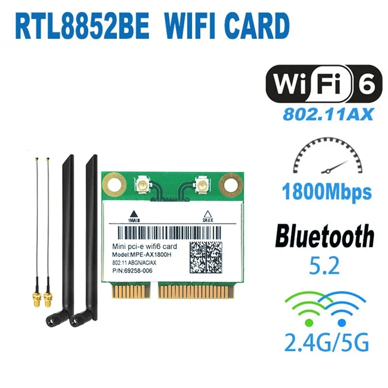 Карта RTL8852BE WIFI6 + 2 антенны AX1800M Wifi Bluetooth5.2 4 ГГц/5 ГГц WIFI адаптер 802.11Ax для Win10/Win11