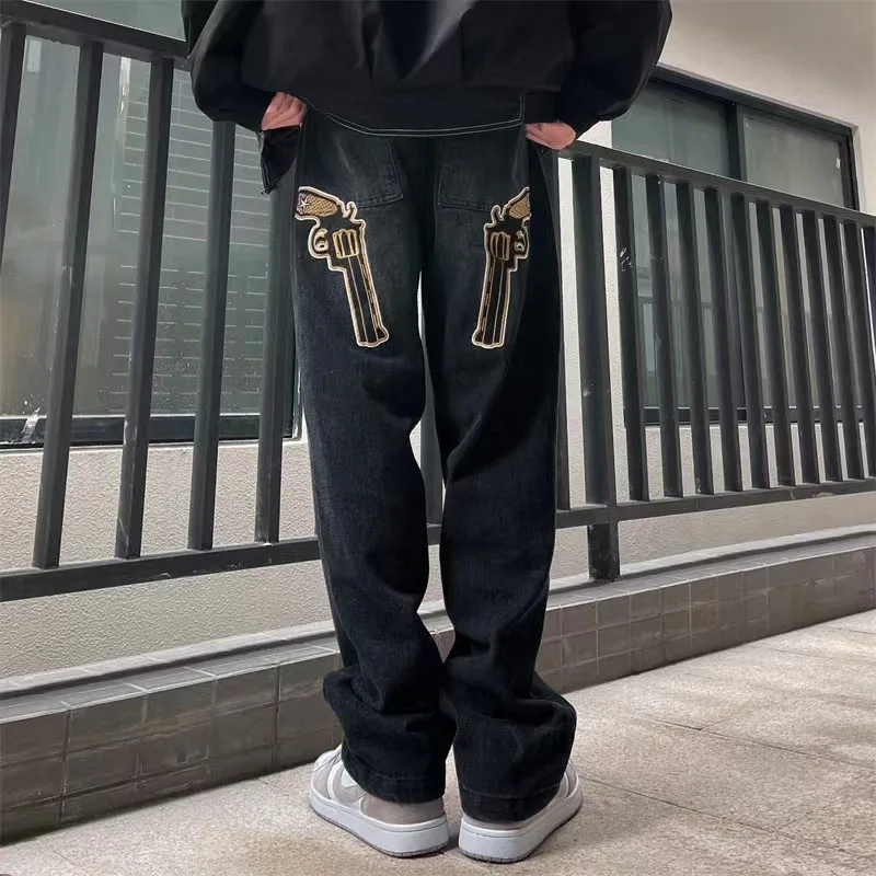 

Gun and Stars Embroidery Retro Casual Denim Trousers for Men and Women Straight Harajuku Hip Hop Loose Jeans Pants Oversize