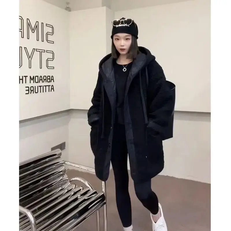 Winter New Splice Lamb Wool Jacket Hooded Coat Warm Oversize Windbreaker Loose Winter Clothes 2022 Fashion Coats