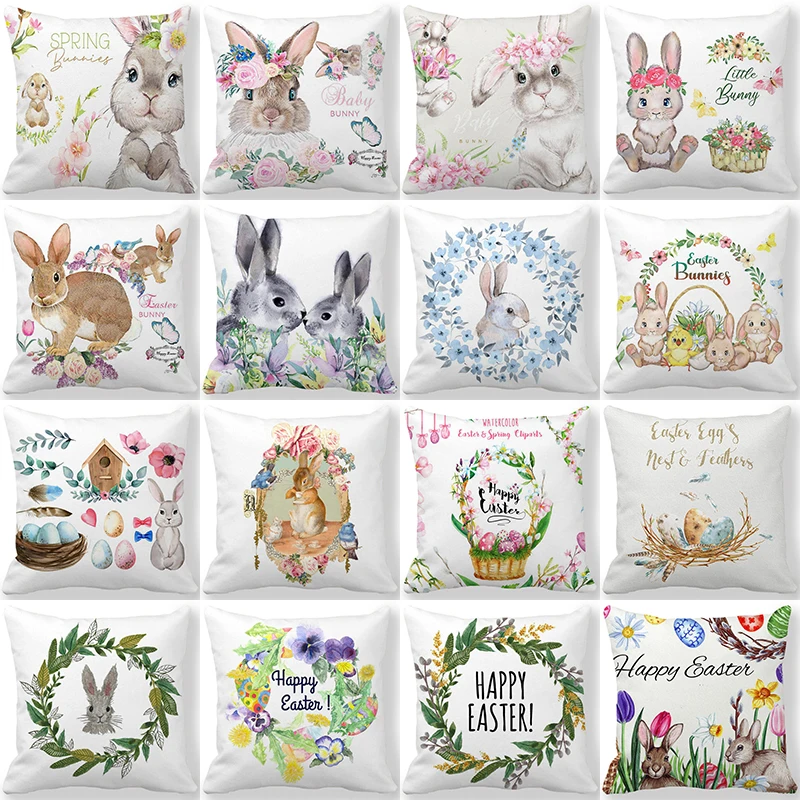 

Easter Sunday Decorative Pillow Cover 45x45cm Cartoon Hare Easter Eggs Wreath Printed Cushion Cover Cute Bunny Decor Pillowcases