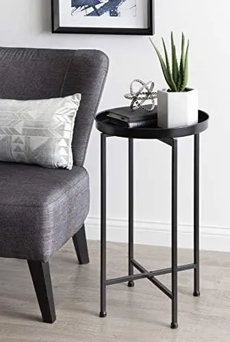 

Round Metal Foldable Accent Table with Mirror Tray Top, Gold
