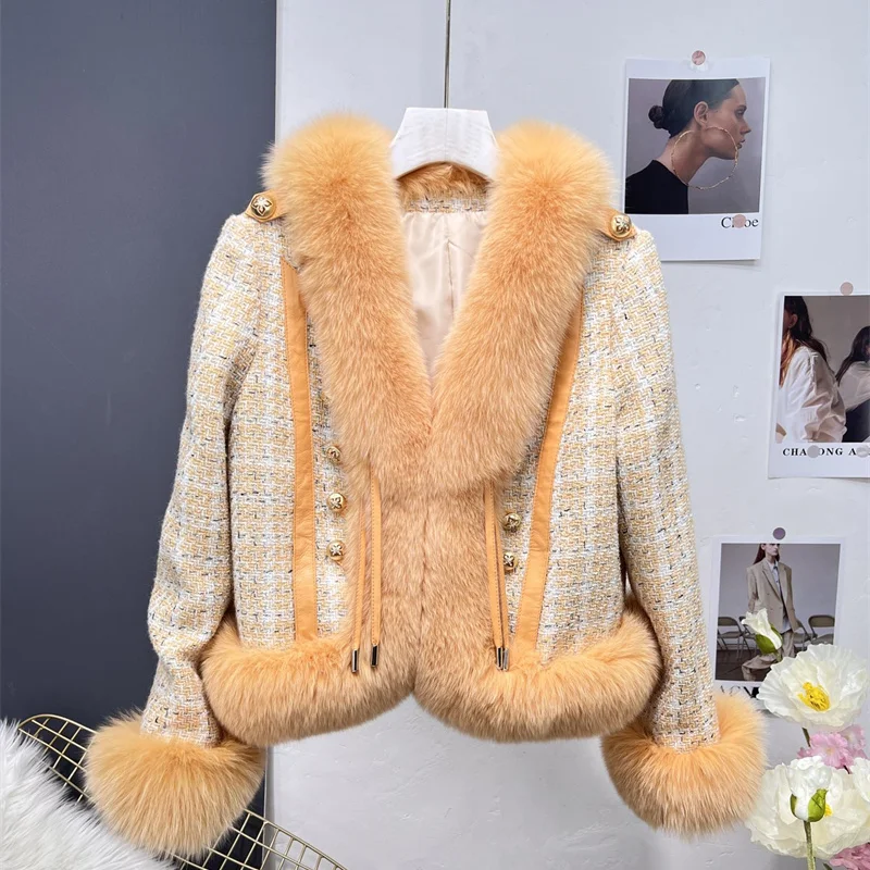 

Fashion Double Breasted Wool&Blends Winter Jacket Women Coat Natural Real Fox Fur Collar Gold Plaid Thick Warm Streetwear Tweed