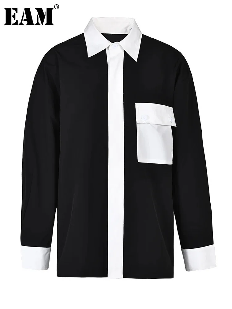 Женская блузка с отложным воротником EAM черная Свободная рубашка карманами