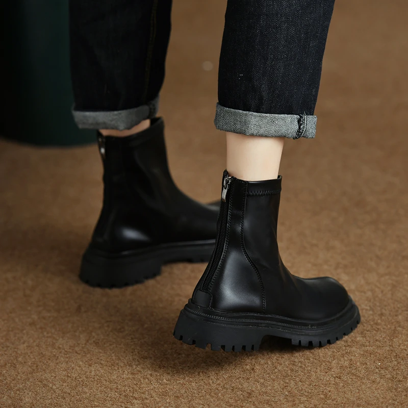 Women's Ankle Boots Mid Boots Thick Sole Soft PU Leather Boots Shoes Women's Fashion Autumn Winter Botas Platform Shoes