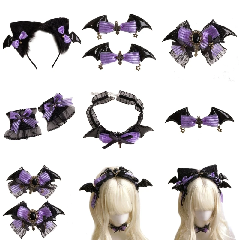 

Soft Ear Headwear Halloween Headdress Chokers Necklace Lace Cuffs Animes Cosplays Costume Accessories Black and Purple
