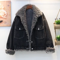 2022 fashion winter thick warm lamb fur lining denim jacket women retro thick denim jacket women