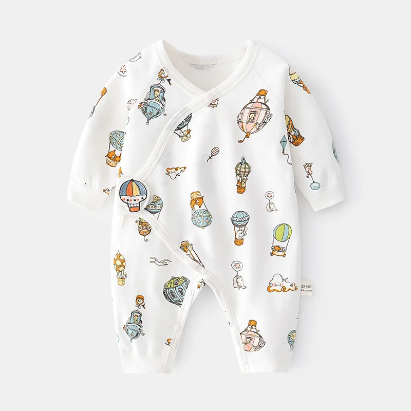 Newborn Baby Girl Pure Cotton Cartoon Romper Spring Summer Print Full Sleeve Covered Button Casual Jumpsuit Baby Boy Clothes