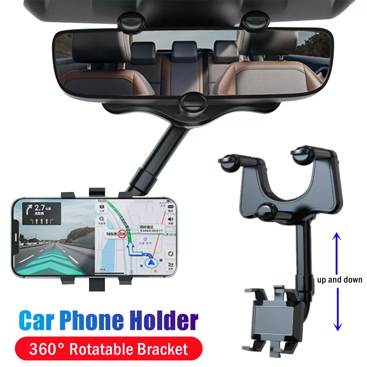 

Upgrade 360° Rotate Rearview Mirror Phone Holder in Car Mount Phone GPS Holder Universal Adjustable Telescopic Car Phone Holder