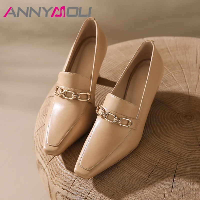 

ANNYMOLI Genuine Leather Shoes Women Spring 2022 SheepSkin Chunky Heels Chain Pumps Square Toe High Heel Female Footwear Autumn