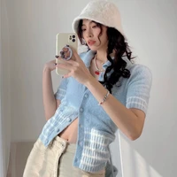 cardigan women knitted vintage sweater cute tops short sleeve button up cardigan striped sweater french elegant top pocket 2021