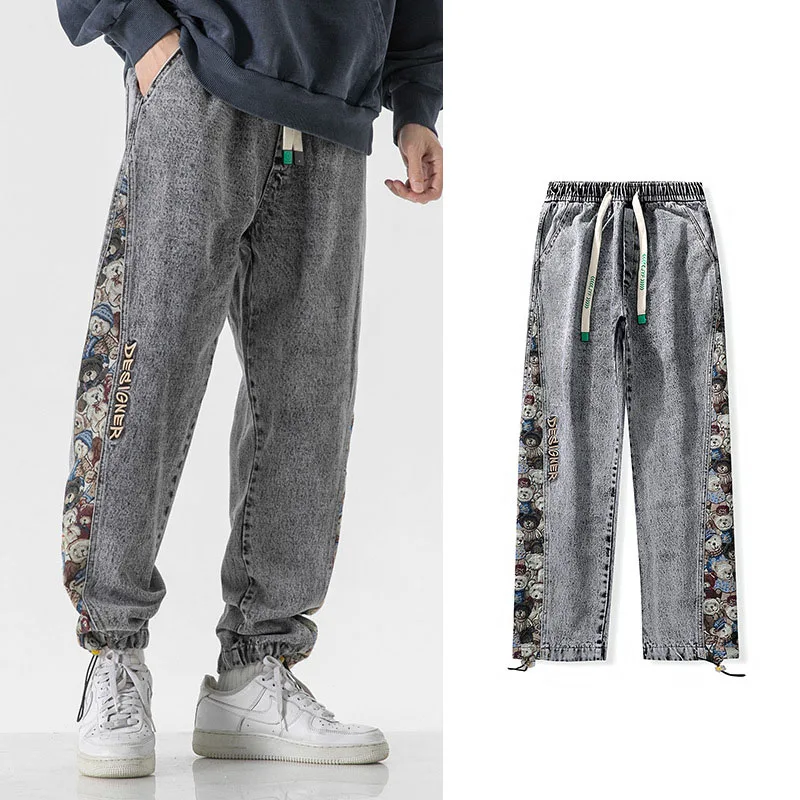 Asian size 2023 Spring New Men's Vintage Casual Pants Fashion Streetwear trousers Loose Straight Leg Strappy Jeans Elastic waist