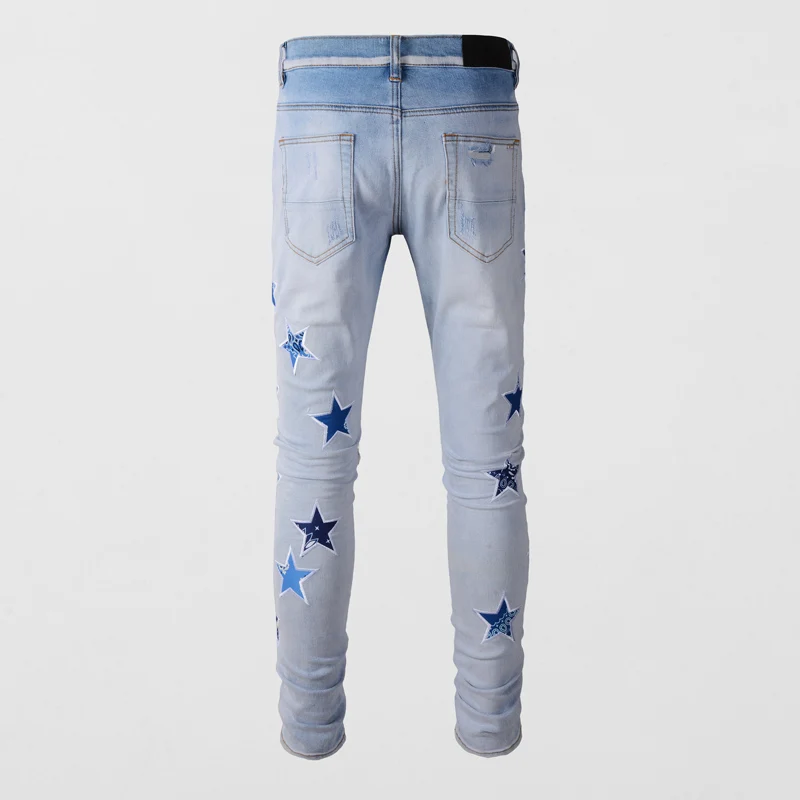 Fashion Streetwear Men Jeans Retro Light Blue Elastic Slim Fit Ripped Jeans Men Stars Patch Designer Hip Hop Brand Pants Hombre