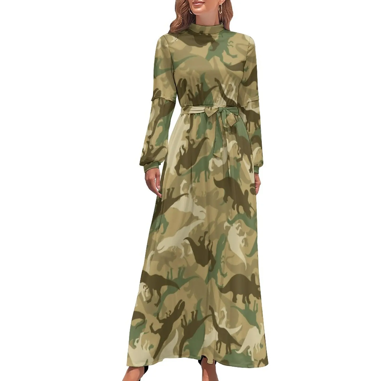 

Camouflage Dinosaurs Print Dress Long Sleeve Abstract Animal Elegant Maxi Dress High Waist Pattern Bohemia Long Dresses Gift