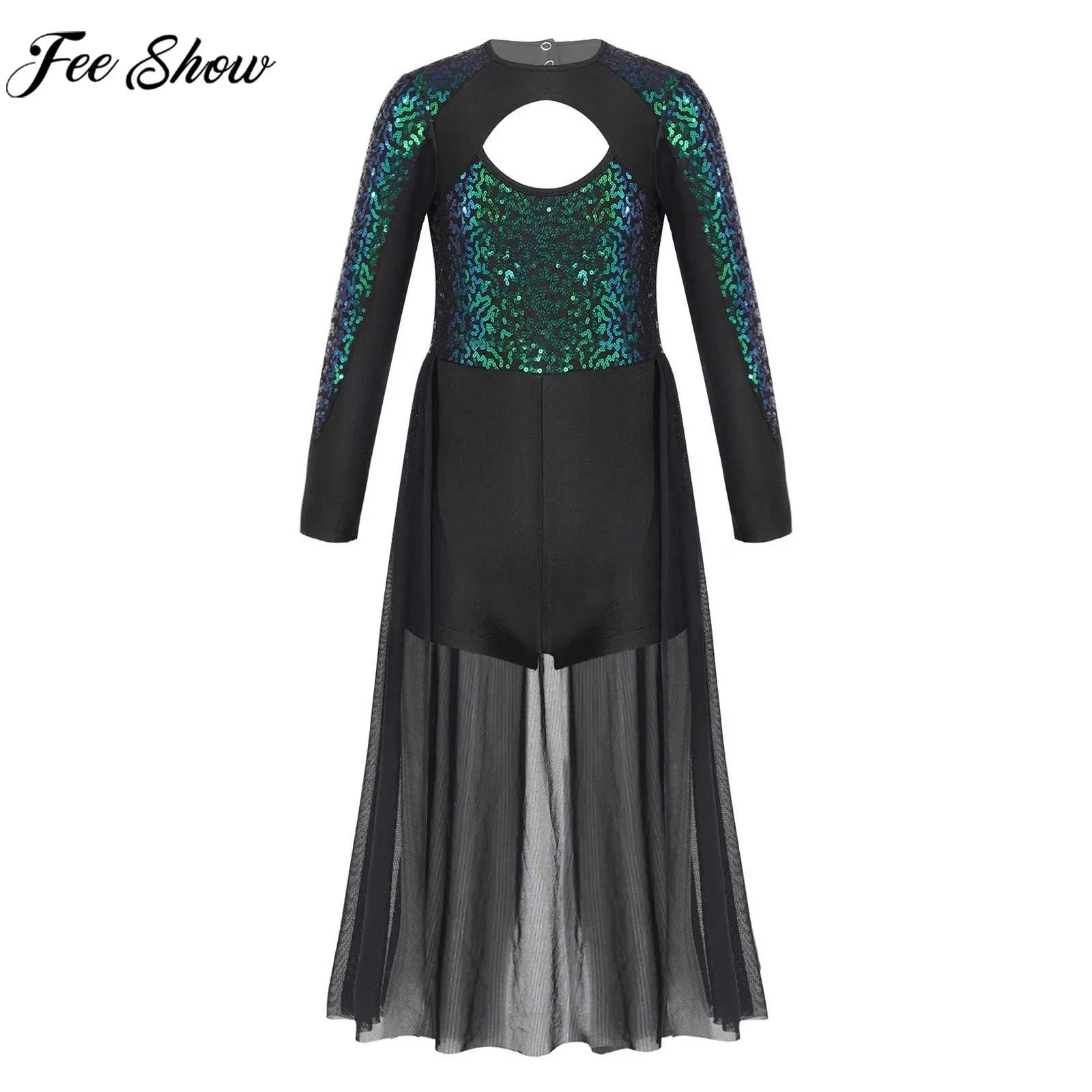 

Girls Long Sleeve Shiny Sequin Lyrical Dance Leotard Dress Kids Dancewear Hollow Out Mesh Maxi Split Ballet Gymnastics Dresses