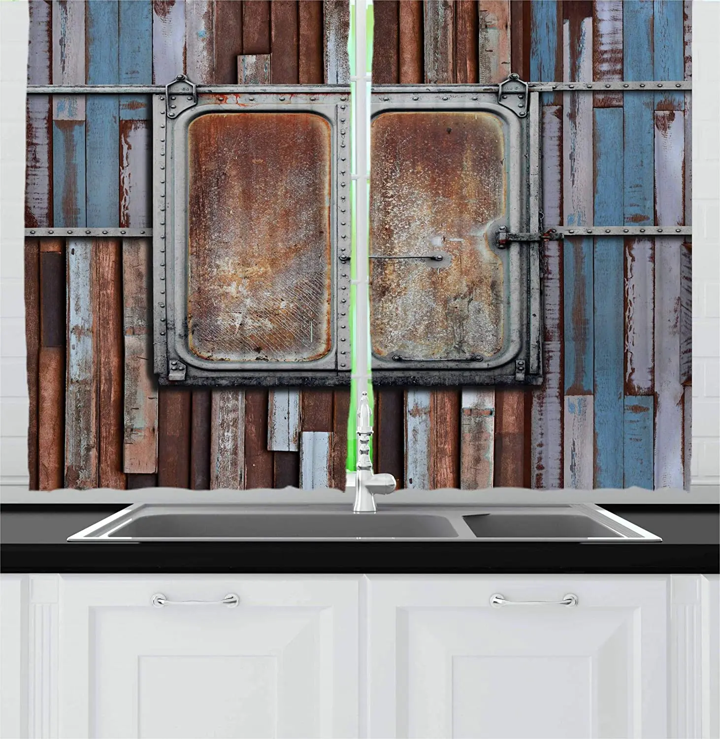 

Blackout Curtains Planks and Rusty Ship Doors Marine Life Art Kitchen Cafe Curtains