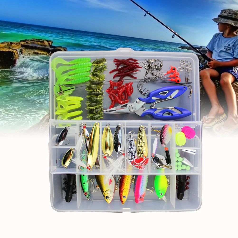 

101 Pcs Fishing Lures Kit Full Fishing Tackle Box Including Spinners VIB Treble Hooks Single Hooks Swivels Pliers