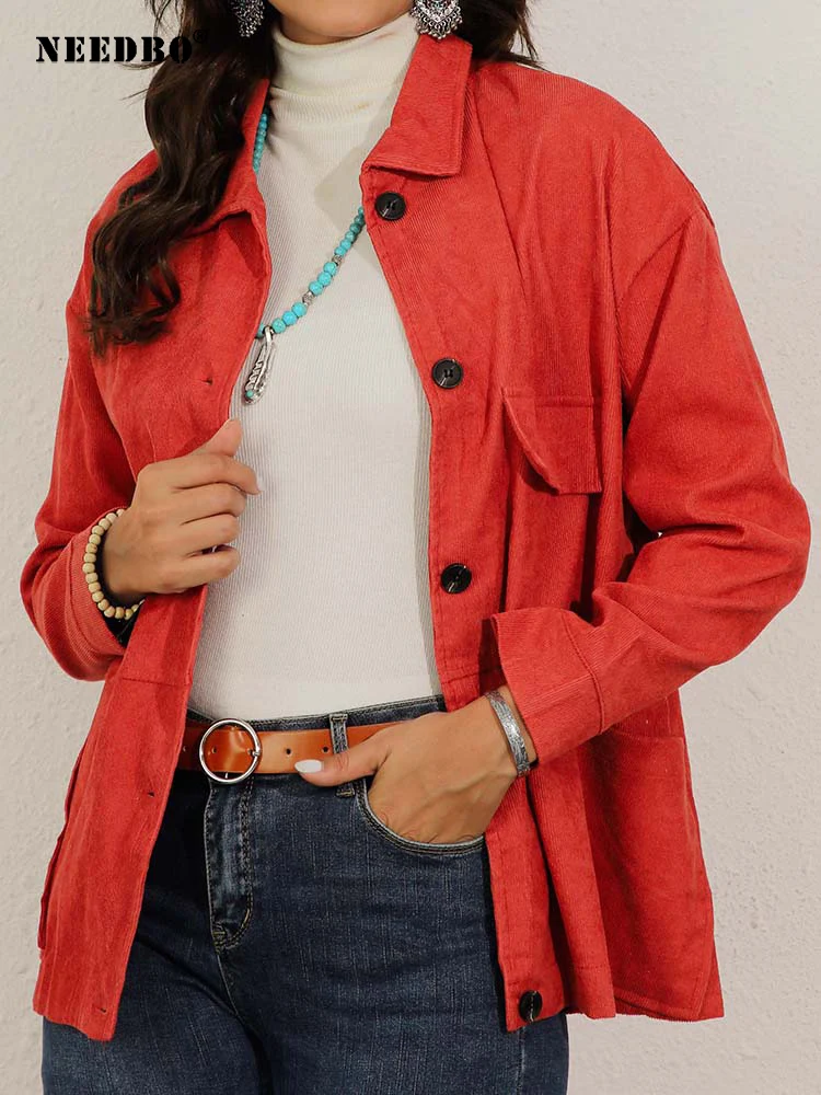 NEEDBO вельветовые осенние куртки с отложным воротником и карманами на пуговицах