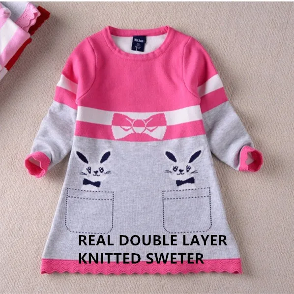 Winter Dresses for Girls Double-layer Long-sleeve Kids Rabbit Clothing Thick Warm Girl Sweater Dress Children 4-8 Years | Детская одежда