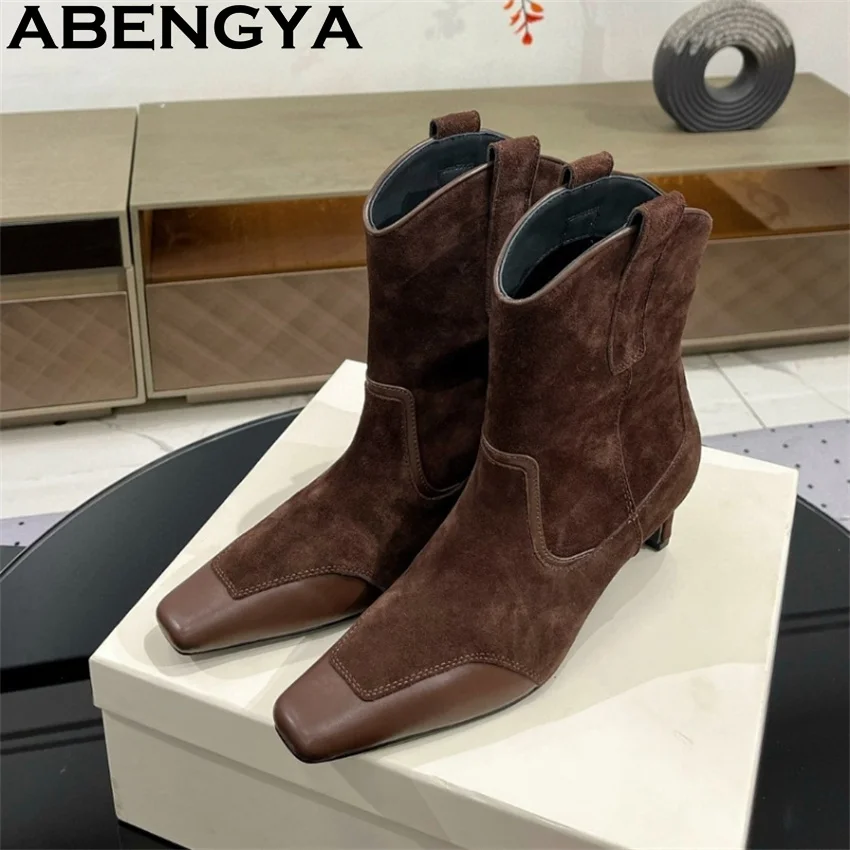 ABENGYA Ботильоны из натуральной замши и котенка на каблуке, женские короткие ботинки «Челси» с острым носком, сексуальные тонкие модные ботинки, женские ботинки 2025 (art.: 3920cfcebf58f) - 3920cfcebf58f