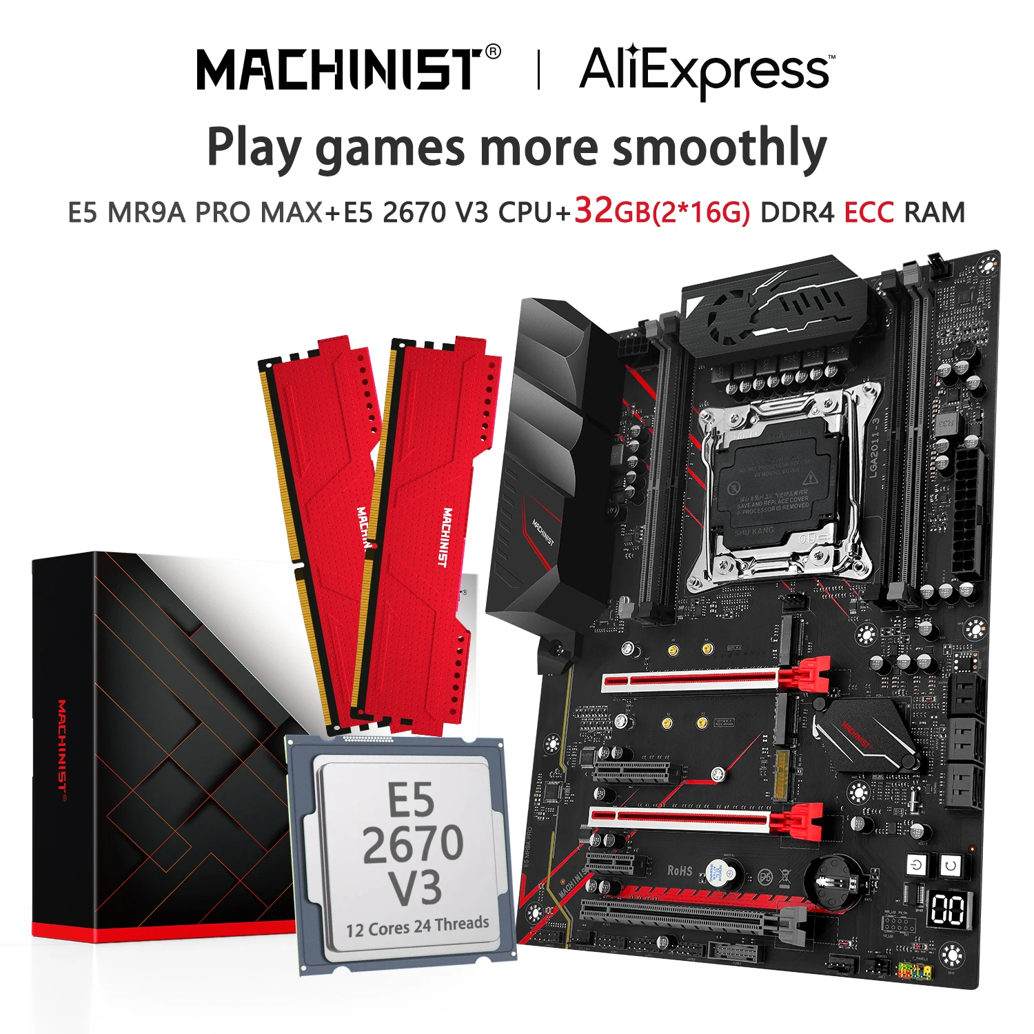 MACHINIST MR9A PRO MAX X99 Motherboard Set LGA 2011-3 Kit Xeon E5 2670 V3 With 32GB(2*16G) DDR4 ECC RAM Memory Nvme M.2 ATX