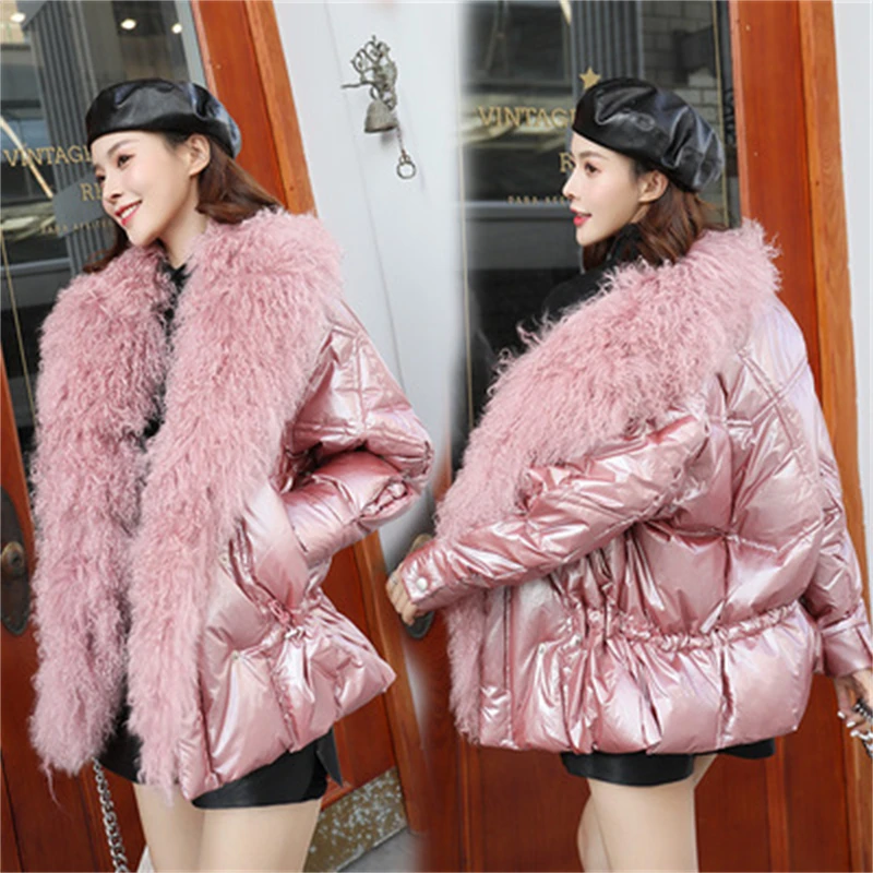 

Women's Winter Silver White Duck Down Jacket Glossy New 2022 Big Real Fur Collar Pink Blue Warm Parkas For Female Short Coats