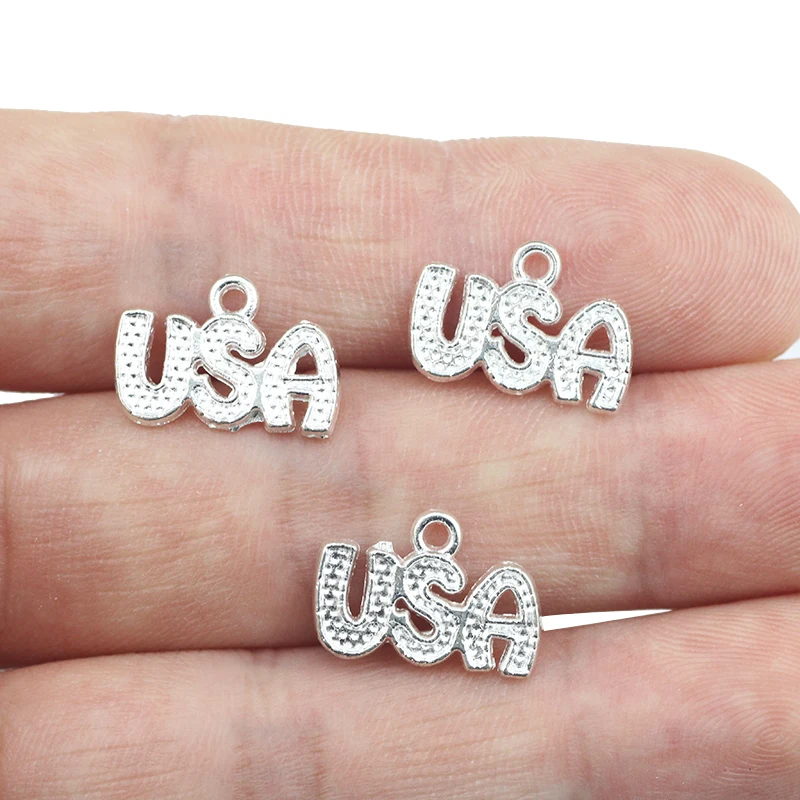 

High quality 50 PCS/Lot 15mm*17mm jewelry handmade bright silver plated diy USA letter charms for jewelry making