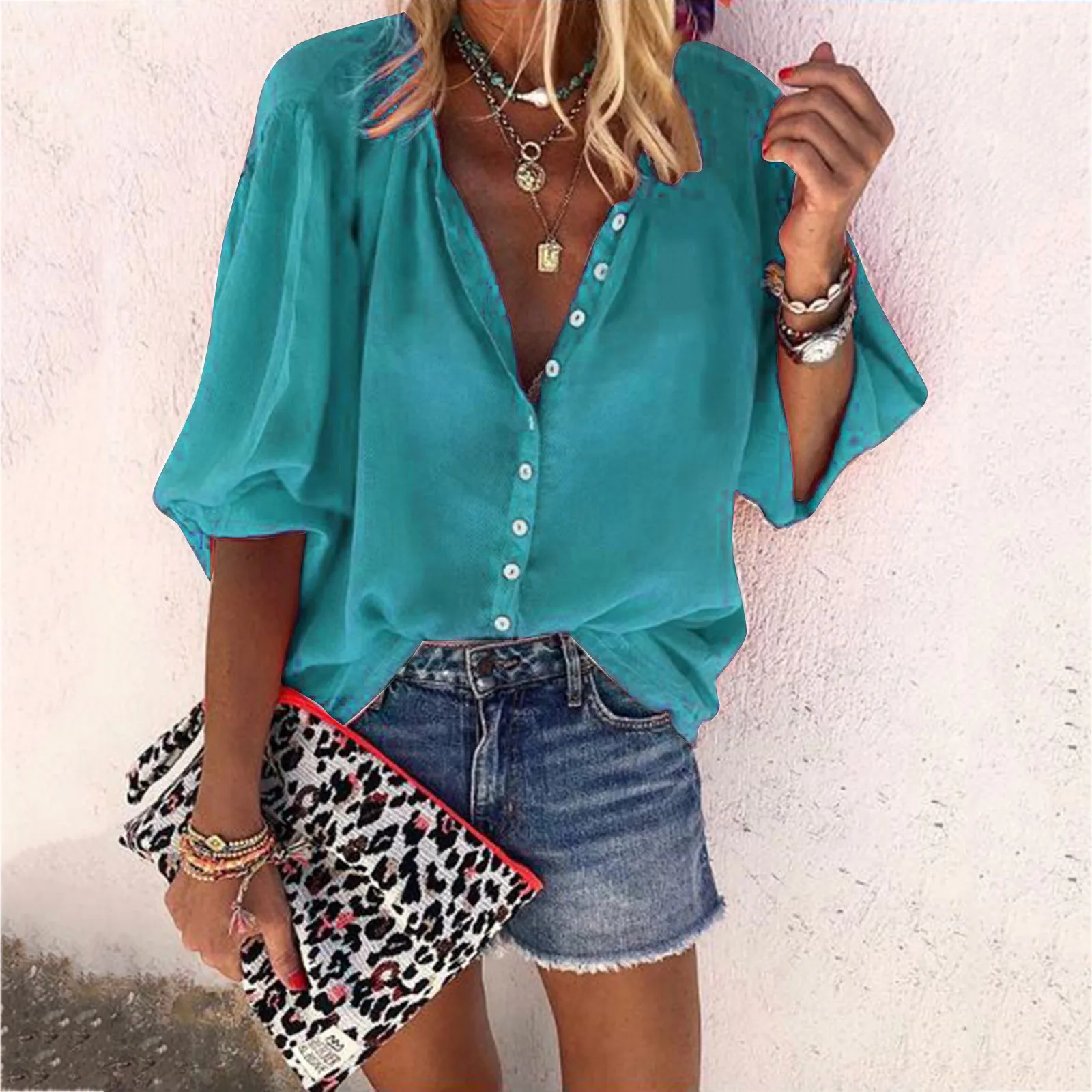 Shirts For Women Casual Three Quarter Sleeve Harajuku Fashion Ladies Tops Button Up Shirt Blouses Et Chemises Blouse - купить по