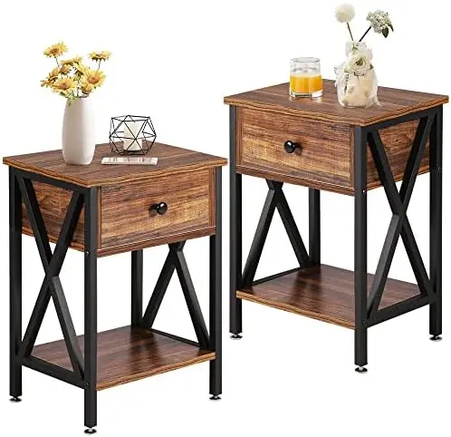 

X-Design, боковой столик, ночная тумбочка, полка для хранения с выдвижным ящиком для гостиной, спальни, набор из 2 предметов (в стиле ретро, коричневый), набор из 2 предметов