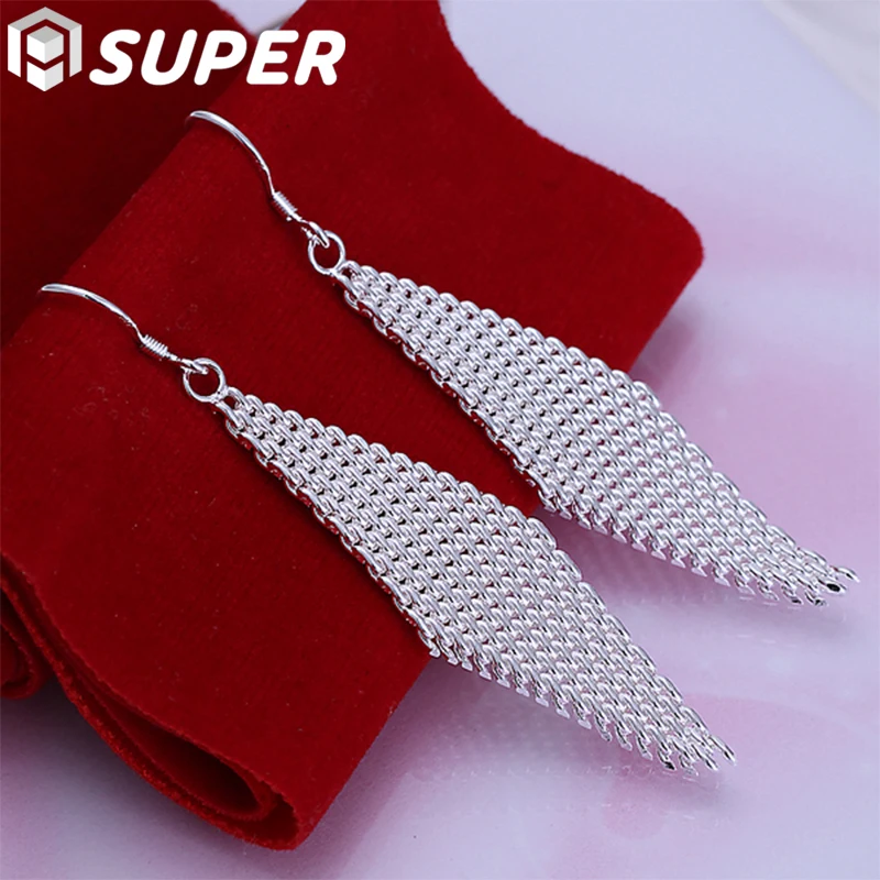 

925 Sterling Silver Long Grid Leaf Shape Earrings Charm Women Jewelry Fashion Wedding Engagement Party Gift