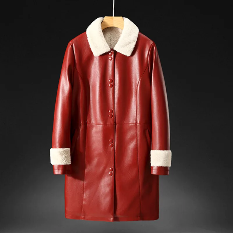 Women Faux Leather Lambs Wool Coat Female Long Thick Warm Lined Coats Suede Leather Jackets Winter Mother Fur Collar Outerwear