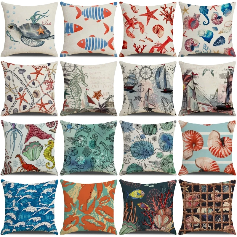 

Домашний декор, Наволочка на подушку, забавный льняной чехол в морском стиле, Наволочка на подушку с рисунком раковины, морской звезды, осьм...