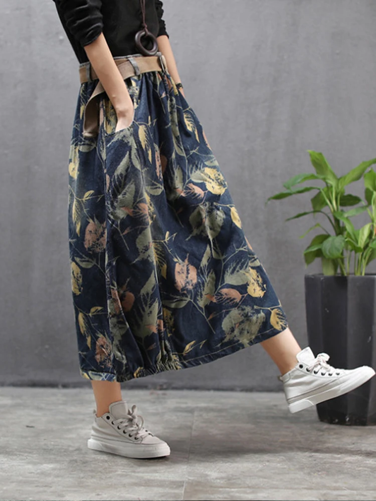 Женская джинсовая юбка с цветочным принтом свободного покроя | Юбки